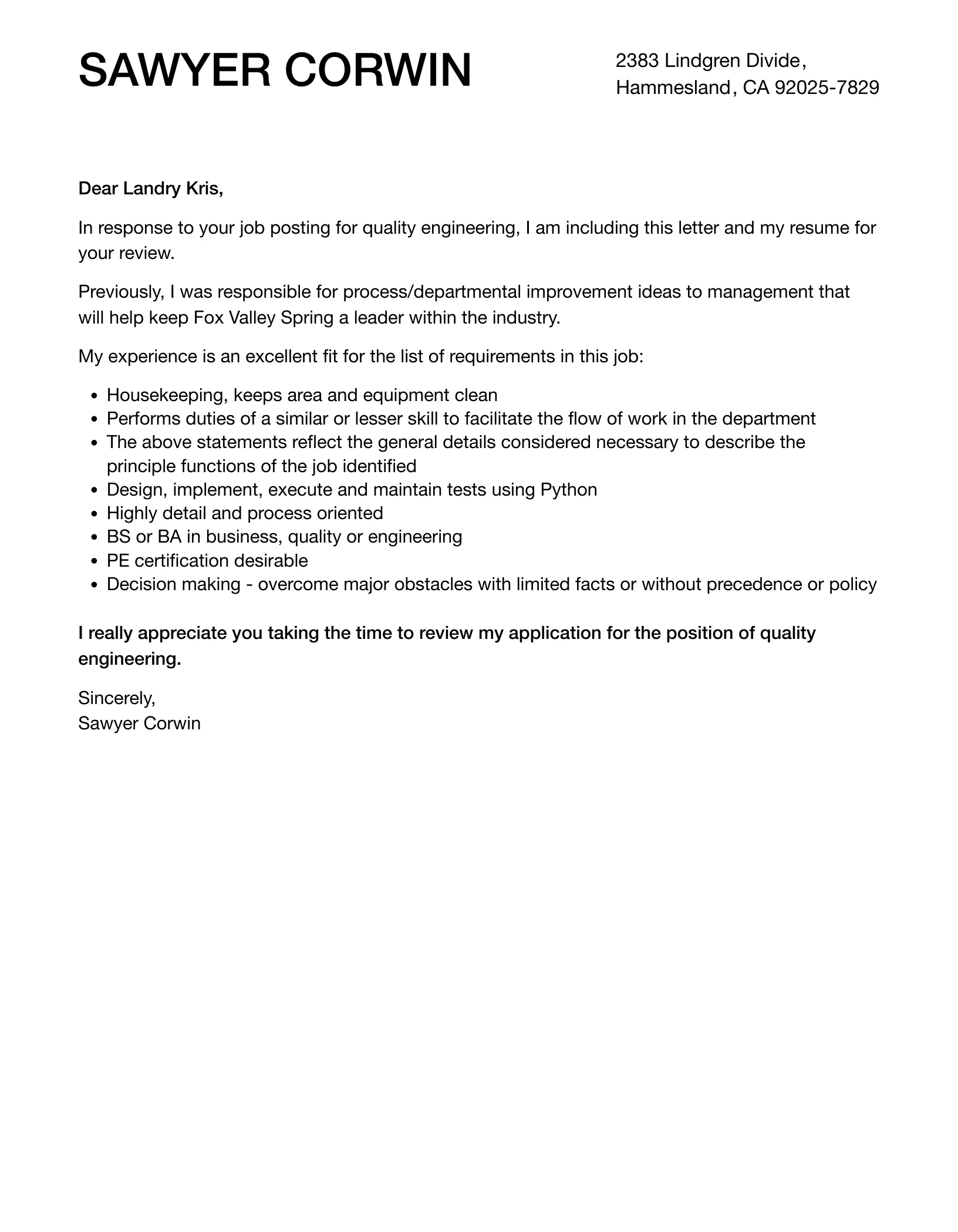 36401 quality engineer responsibilities