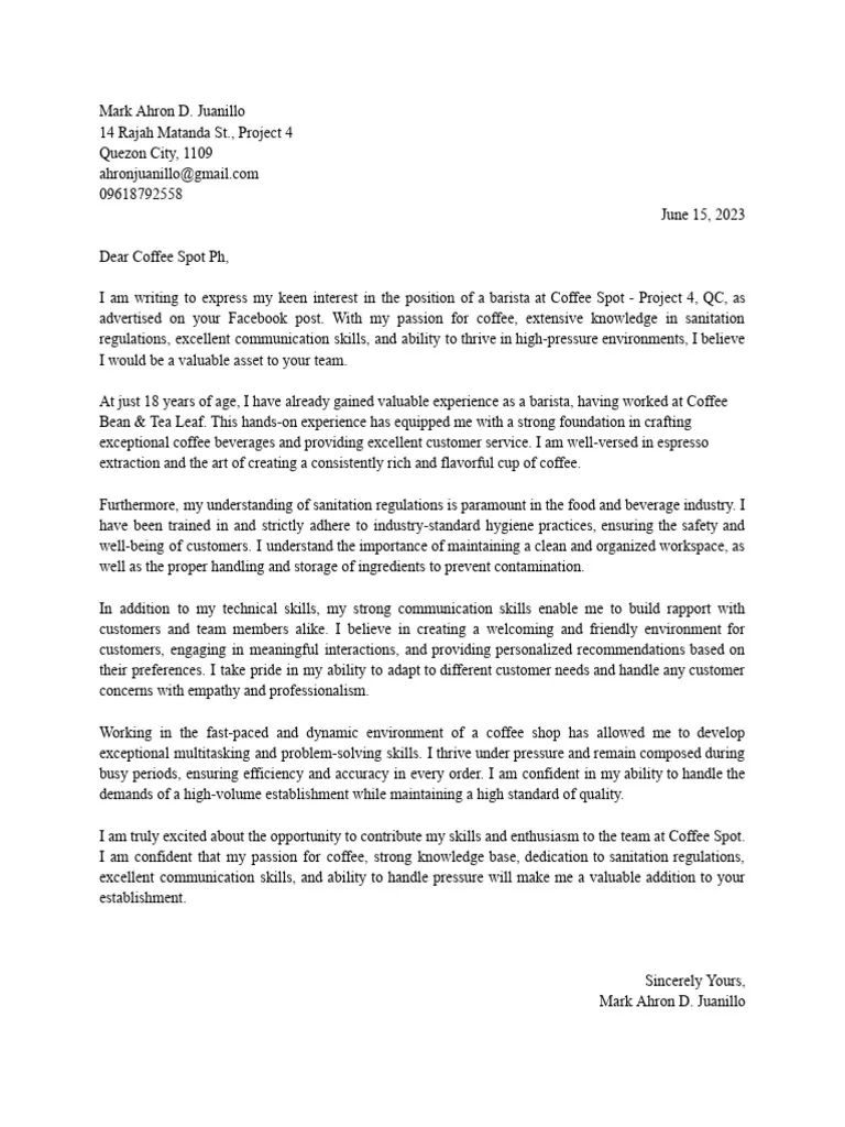 36407 coffee shop cover letter